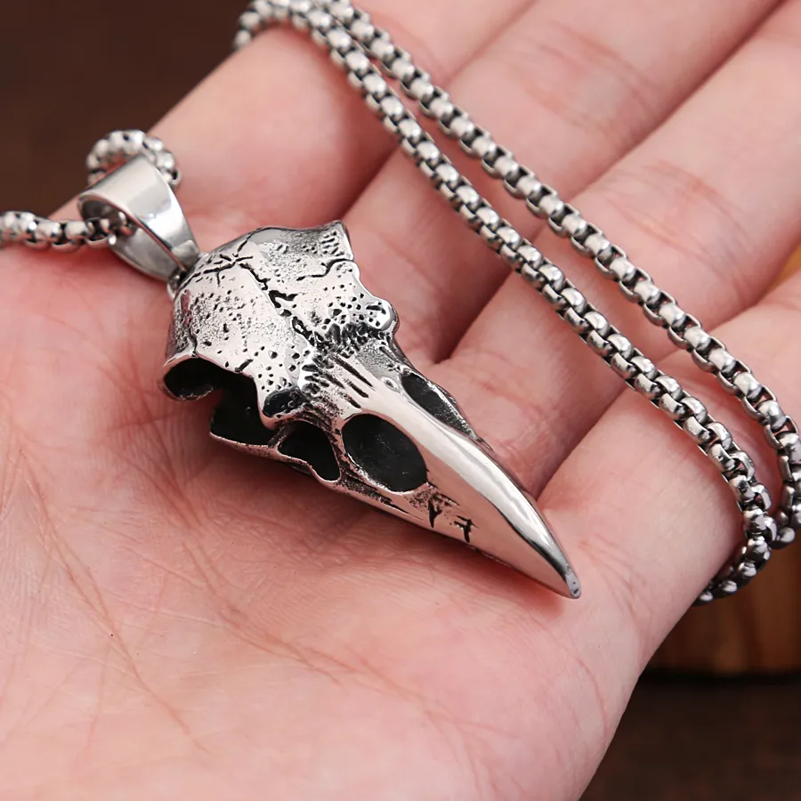 Authentic Punk Viking Crow Head Bird Skull Pendant Boys Nordic Viking Animal Necklace Jewelry
