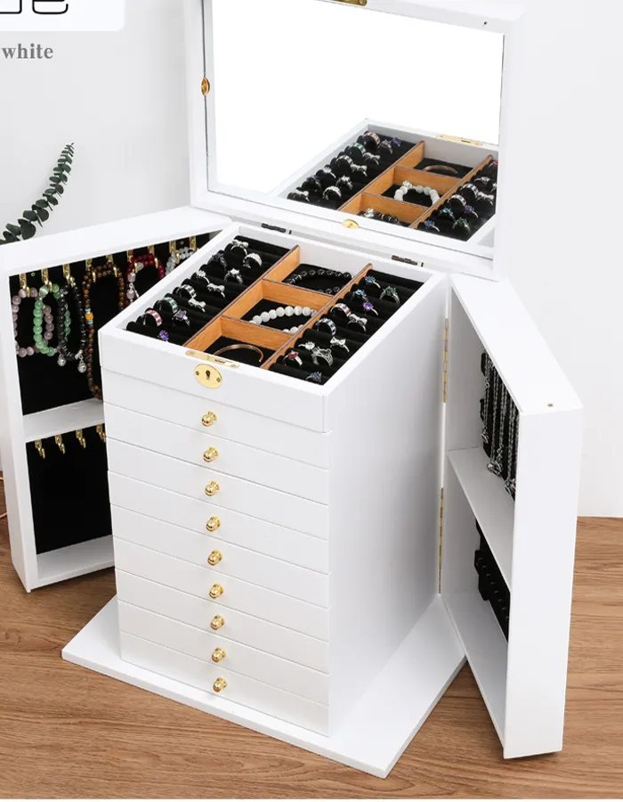 Authentic 10 layers Super large capacity solid wood jewelry box with lock to hang necklace bracelet jewelry box