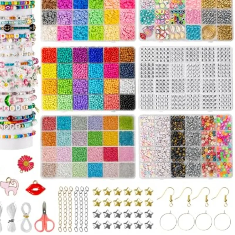 Authentic Friendship Bracelet Kit, 6000 pcs with Seed Beads 2/3/4mm,Clay Beads, 7 Styles Letter Beads (A-Z), Variety of Charms, DIY Jewel