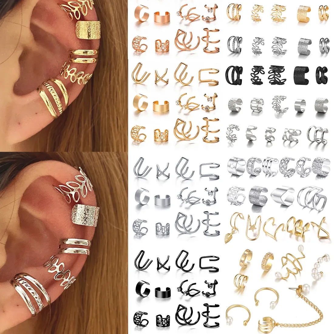Authentic 10 Pcs Leaves Clip Earrings for Women Rose Gold Color Creative Simple C Ear Cuff Non-Piercing Ear Clips Set Trend Jewelry
