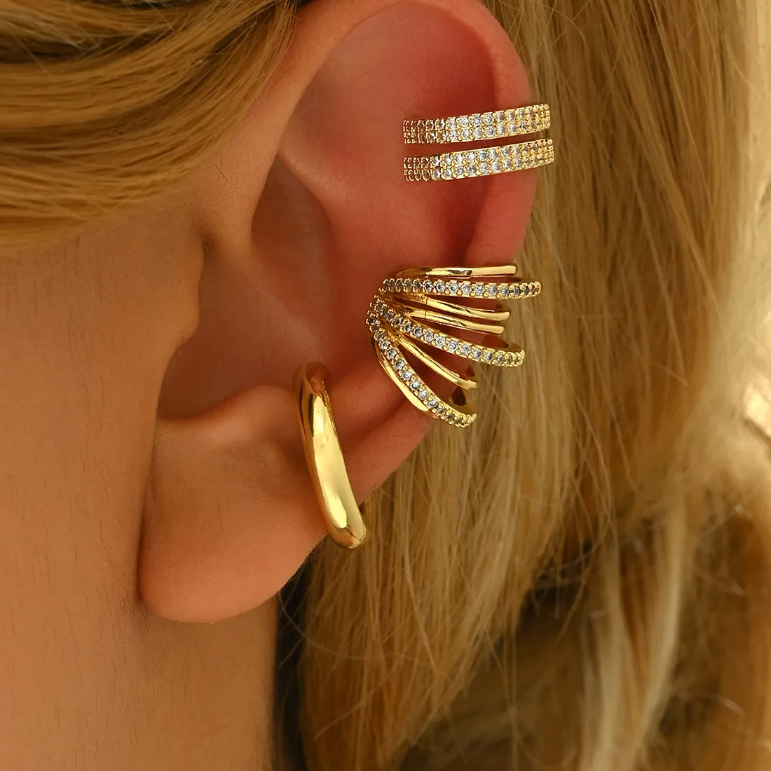 Authentic 3pcs Gold Color Zircon Ear Clip Earrings Set For Women C Ear Cuff Non-Piercing Ear Ear Clip Set Trend Jewelry