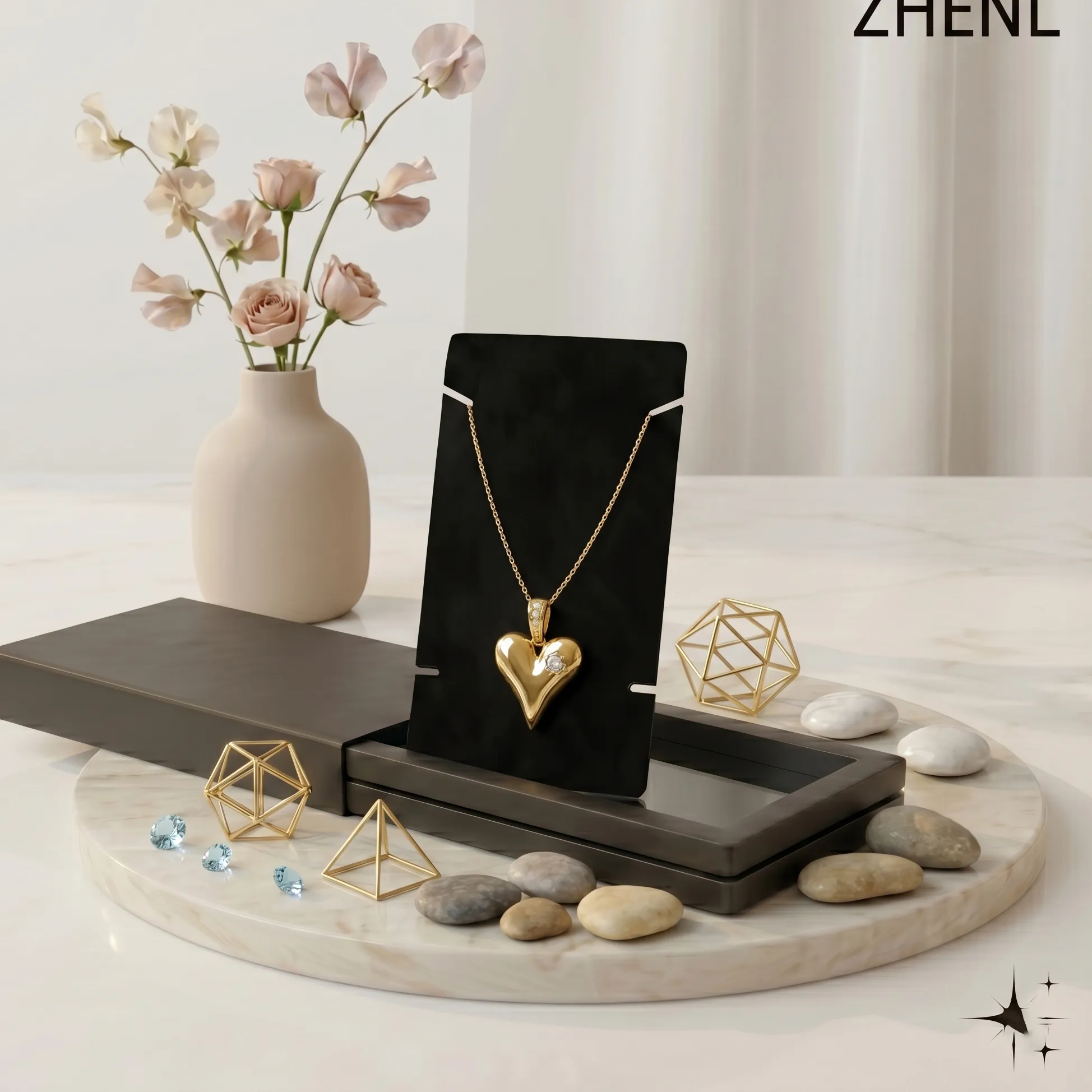 Authentic Box 38Cm Heart Choker Necklace 18K Gold Plated Silver Tone Shiny Cubic Zirconia Clavicle Chain Puffy Jewelry