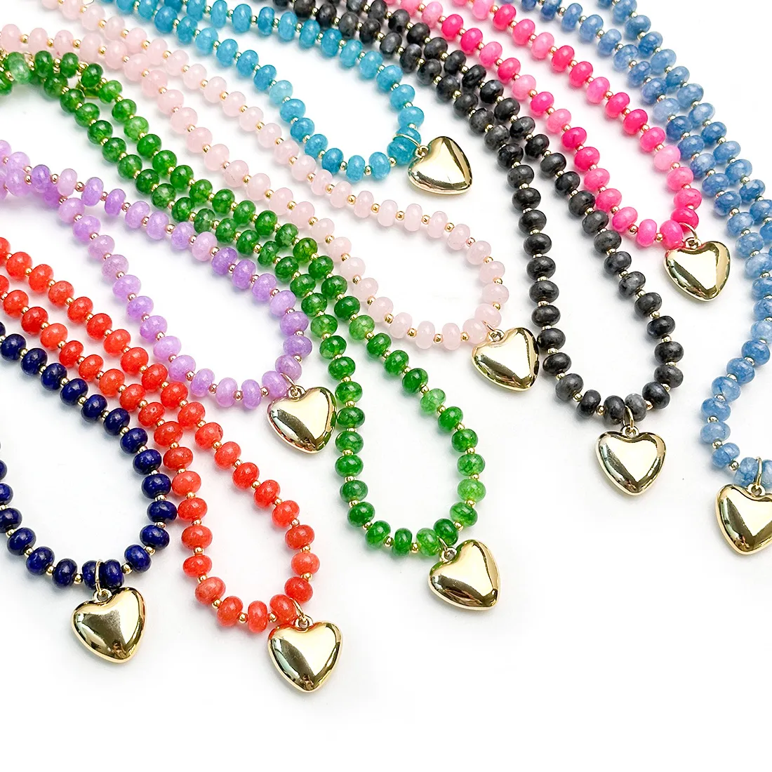 Authentic Gold Color Puffy Love Heart Pendant Necklace Colorful Natural Stone Choker Summer Stackable Beach Jewelry