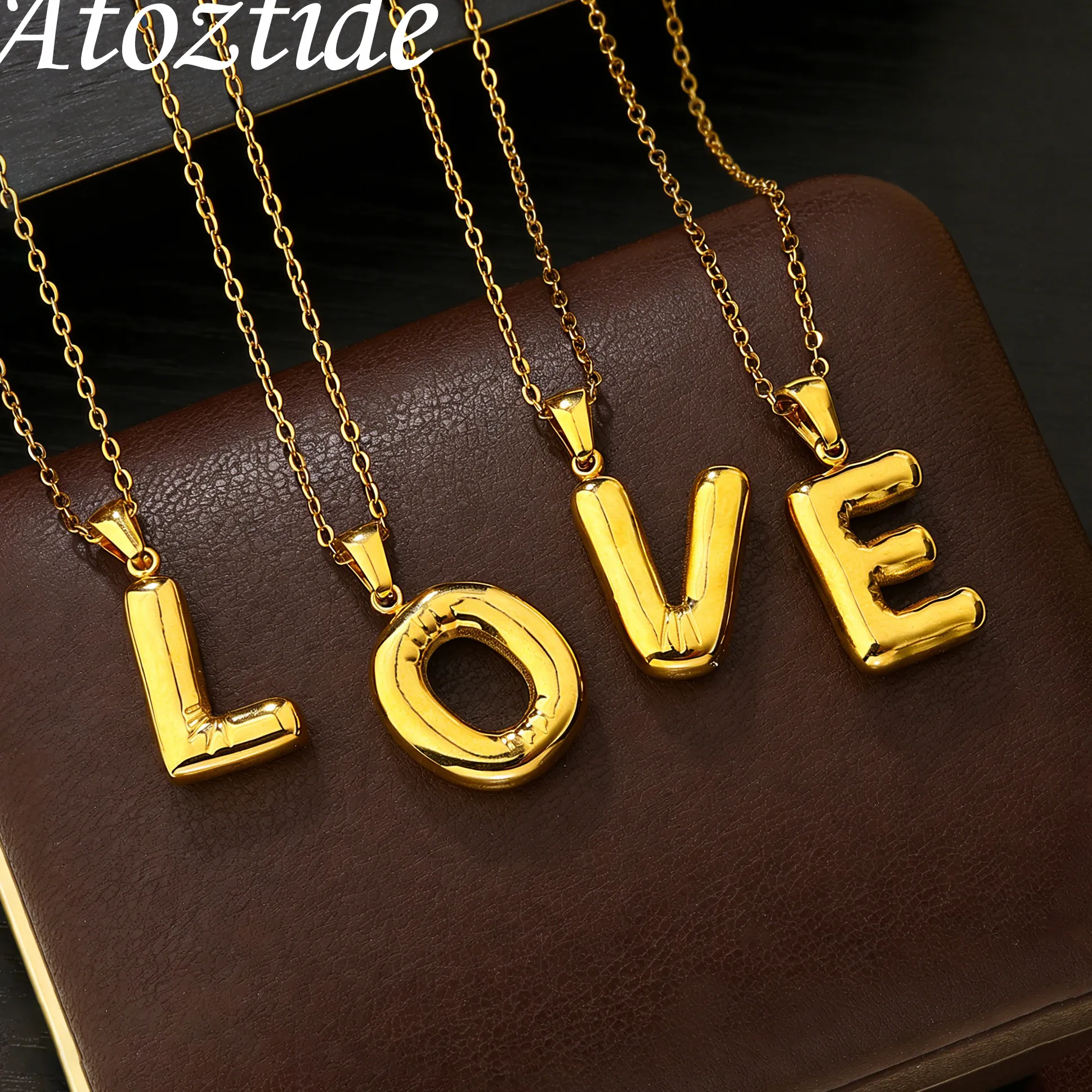 Authentic Atoztide Bubble Initial Letter Pendant Necklace for Women Chunky Custom Puffy Alphabet Letter Name Drop Necklace Jewelry