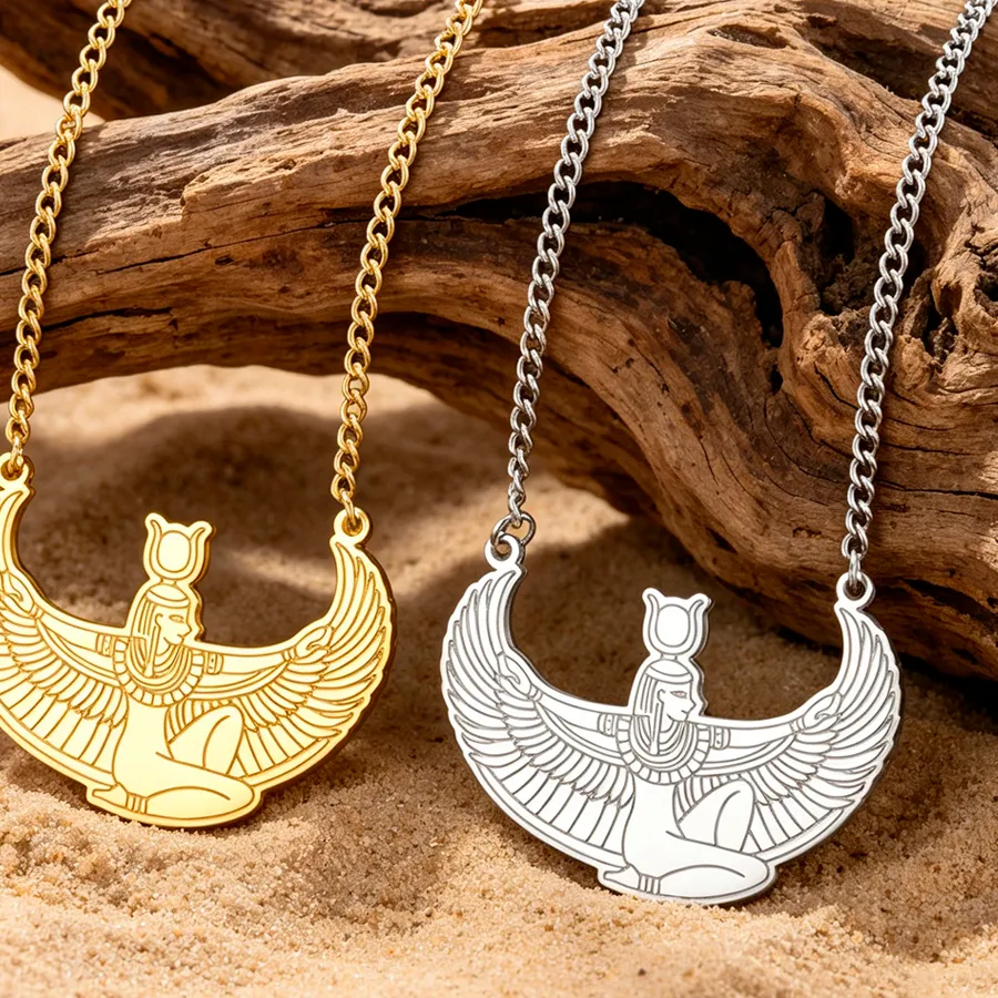 Authentic Egyptian Winged Goddess Hathor Pendant Necklace Ancient Mythology Protection Amulet Women Jewelry