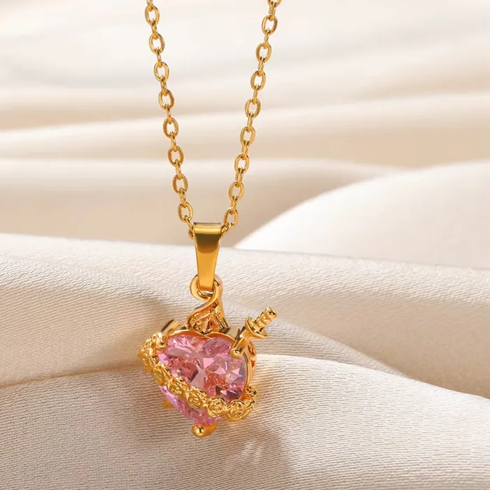 Authentic Pink Stone Golden Cupid Eros Arrow Heart Flower Pendant with Brick Crystal Necklace for Women
