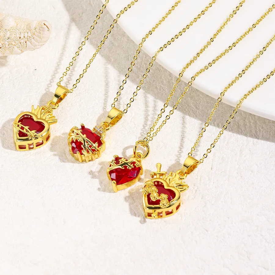 Authentic Romantic Love Heart Zircon Cupid Eros Heart-piercing Pendant Necklace for Women Red Heart of Thorns Girl Choker Couple Necklace
