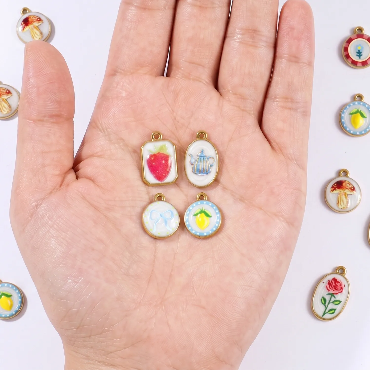 Authentic 2PCs Geometric Charms Flower Blueberry Lemon Printed 304 18K Gold Plated Pendants DIY Necklace Jewelry Findings