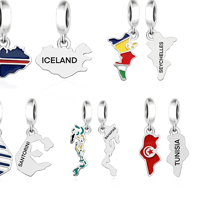 Authentic Huoonew Fit Original Pan Charm Bracelet 925 Silver BAHAMAS SANTORINI SEYCHELLES ICELAND TUNISIA Map Flag Bead Making Berloque