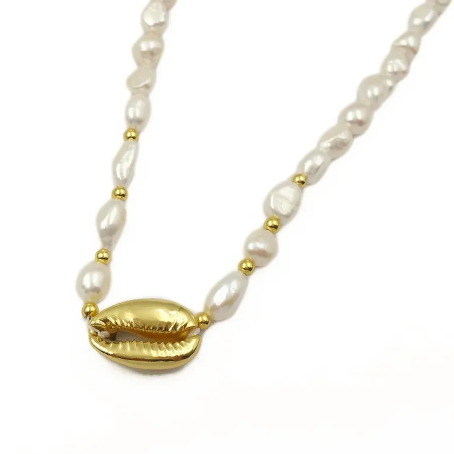 Authentic WT-JN089 WKT Cowrie&Pearl Necklaces Gold Dipped Pendant 16 In Chain With Charm Women Short Jewelry