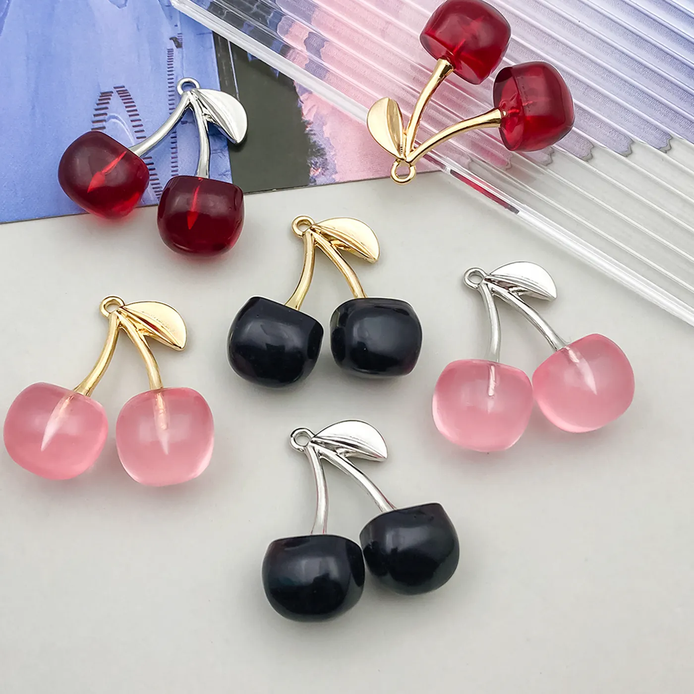 Authentic 6/10pcs DIY Jewelry Zinc Transparent Oil-Dipped 3D Cherry Charms for Bracelet Necklace Earrings Pendants Beads Craft