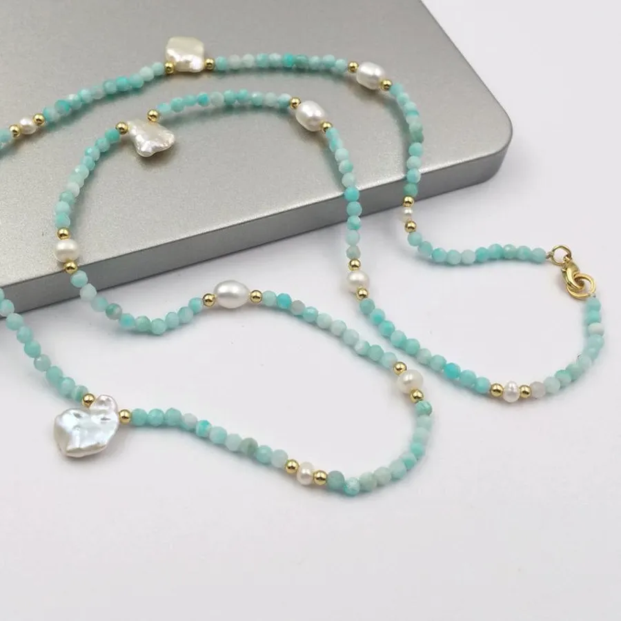 Authentic WT-N1181 WKT Natural Stone Necklace Gold Dipped ＆ Pearl And 3mm Amozonite Faceted Beads Accessory Women Jewelry