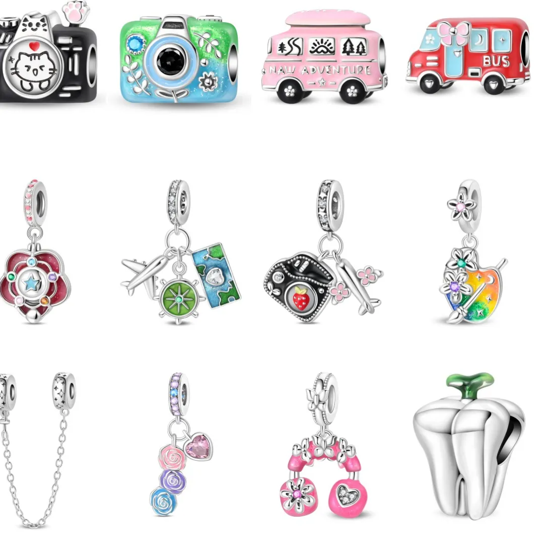 Authentic Original Charms Silver Plated Beads Camera Bus Airplane Passport Tooth Rose Fit Bracelets Bag Keychain Diy Women Accessory