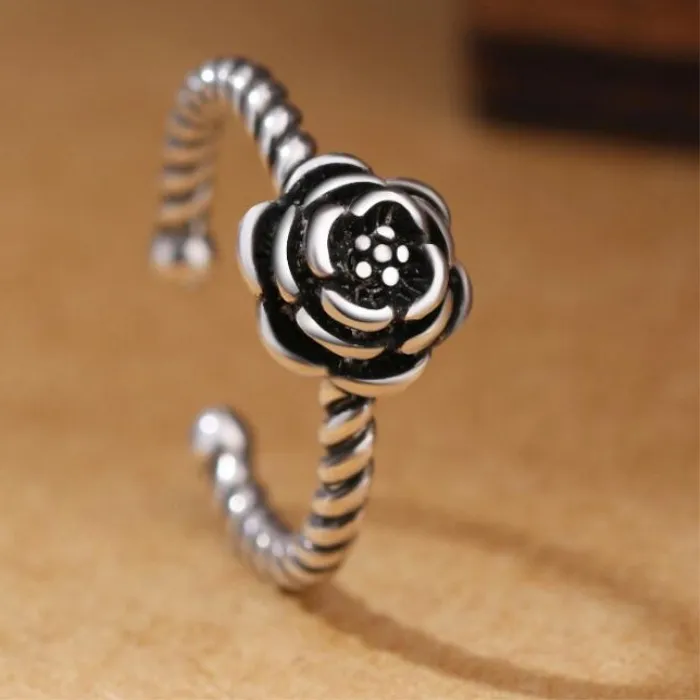 Authentic Retro Personality Black Rose Creative Exquisite 925 Sterling Silver Jewelry Beautiful Flower Opening Rings R072