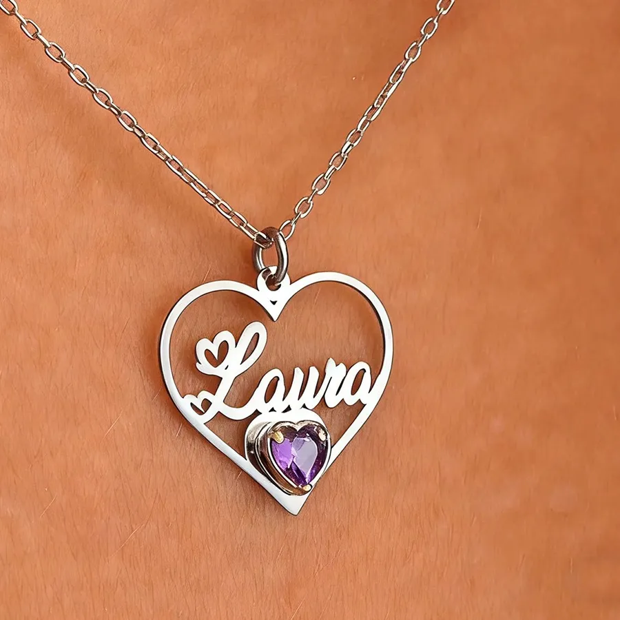Authentic Custom Birthstone Heart Name Necklaces For Women Customized Pendant Necklace Personalized Neck Jewelry