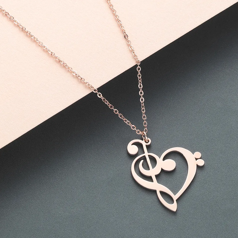 Authentic Kinitial Simple Design Treble and Bass Clef Heart Pendant Necklace Chain for Charm Heart Music Teacher Necklaces Jewelry