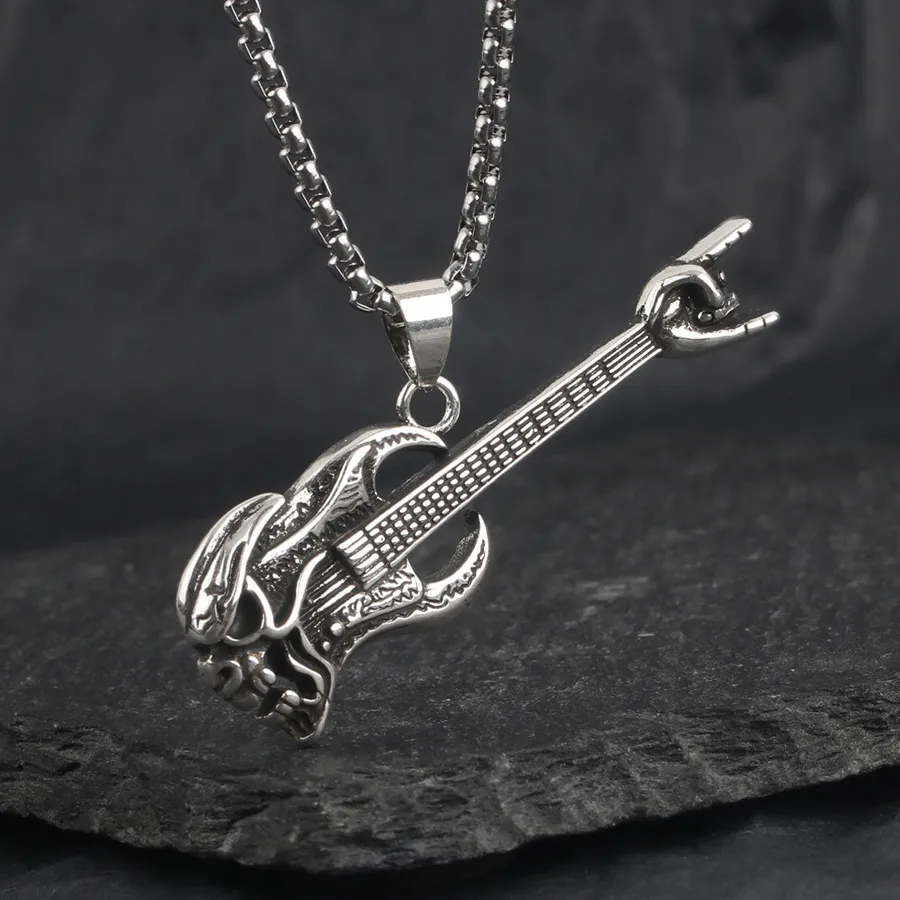 Authentic Retro Skull Bass Guitar Pendant Necklace for Men Women Hip Hop Punk Style Hand Gesture Collarbone Chain Jewelry Y2K