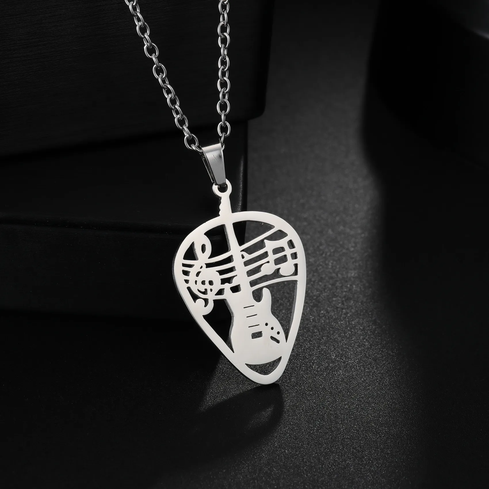 Authentic Hip Hop Guitar Pick Bass Note Necklace for Men Silver Color Music Lovers Pendant Necklaces Jewelry For Him