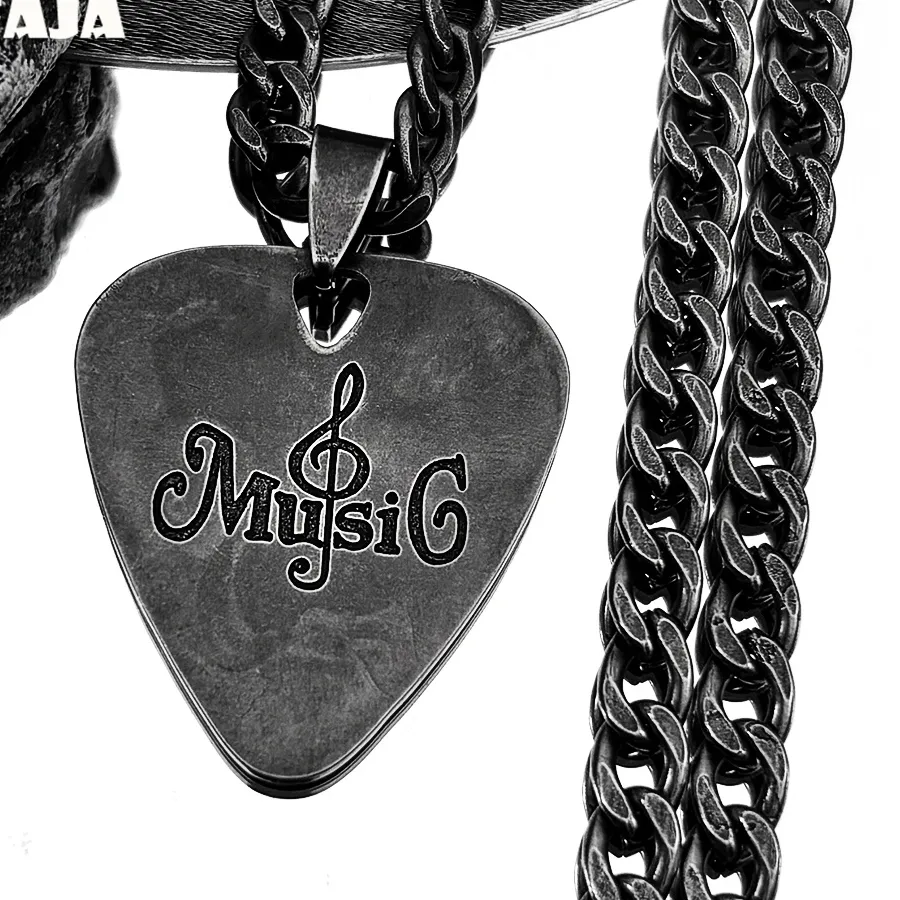 Authentic Hip Hop Water Drop Guitar Pick Bass Note Pendant Necklace for Men Black Color Music Lovers Party Jewelry