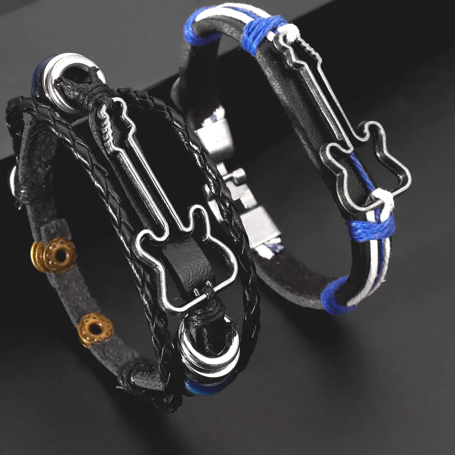 Authentic Hollow Bass Guitar Design Multilayer Leather Wove Bracelet Bead Handmade Woven Men Bracelet Brooch Jewelry Accessory