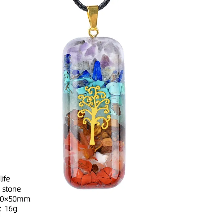 Authentic Tree of Life Rune Epoxy Wrapped Colorful Chip Crushed Stone Pendant Rectangle Charm Yoga Meditation Healing Necklace Jewelry