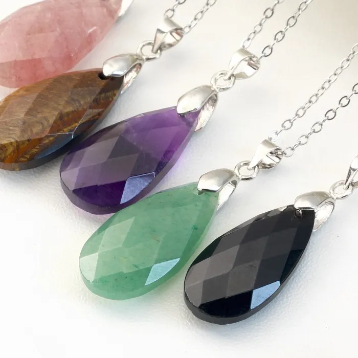 Authentic 1pc Natural Crystal Stone Waterdrop Pendant Amethyst Tiger Eye Obsidian Lazuli Rose Quartz Charms Necklace Jewelry Making ACC