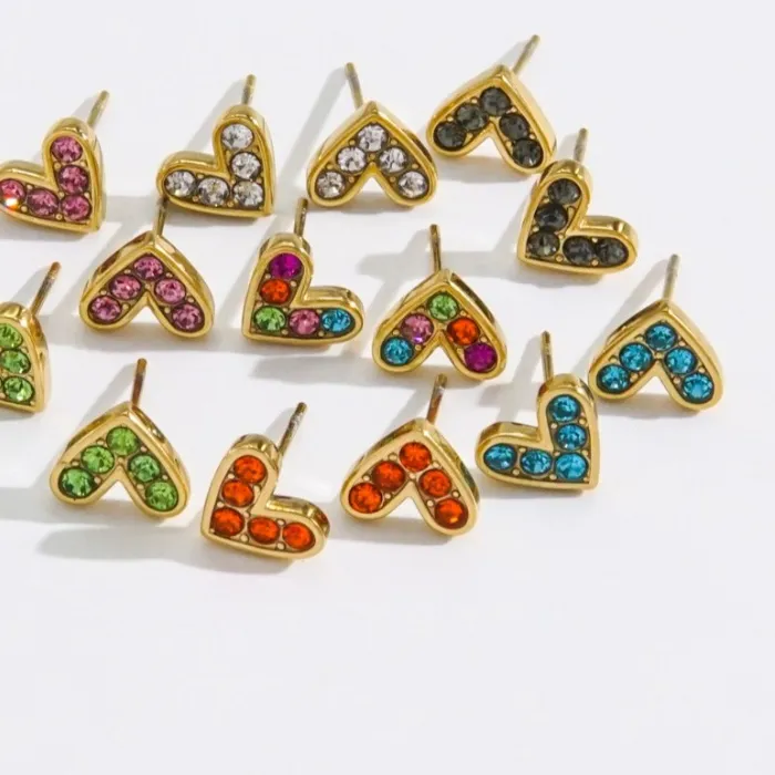 Authentic Mini Cute Cubic Zirconia Love Heart Stud 14k Gold Plated Earrings Colorful Women Girls Valentines Sweet Jewelry