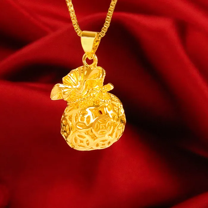 Authentic Luxury 24K 9999 Pure Gold real gold Lucky Bag Pendant Necklace Women Lucky Clavicle Chain