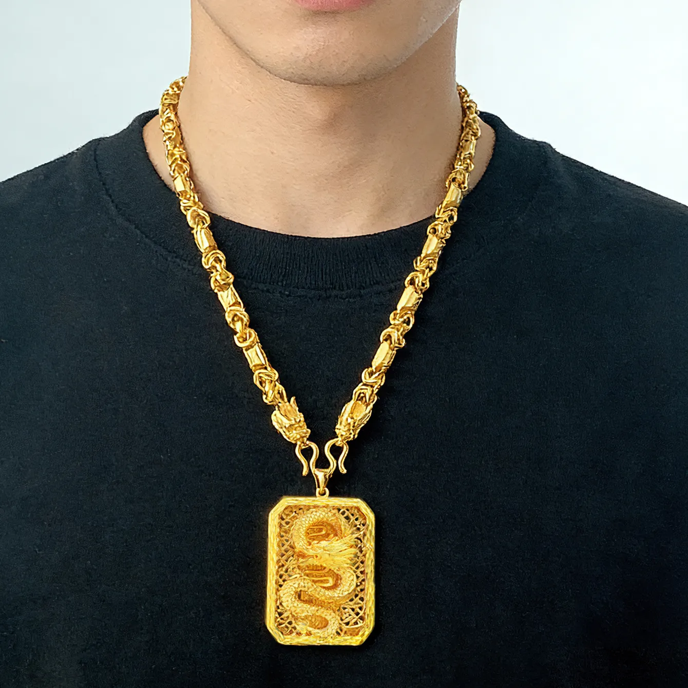 Authentic Luxury 24K 9999 Pure Gold real gold Three-dimensional dragon pattern dragon brand hollow pendant men's necklace