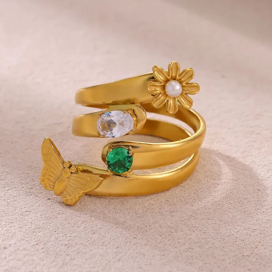 Authentic Solar Butterfly Zircon Ring – Gold‑Plated Transformation Amulet
