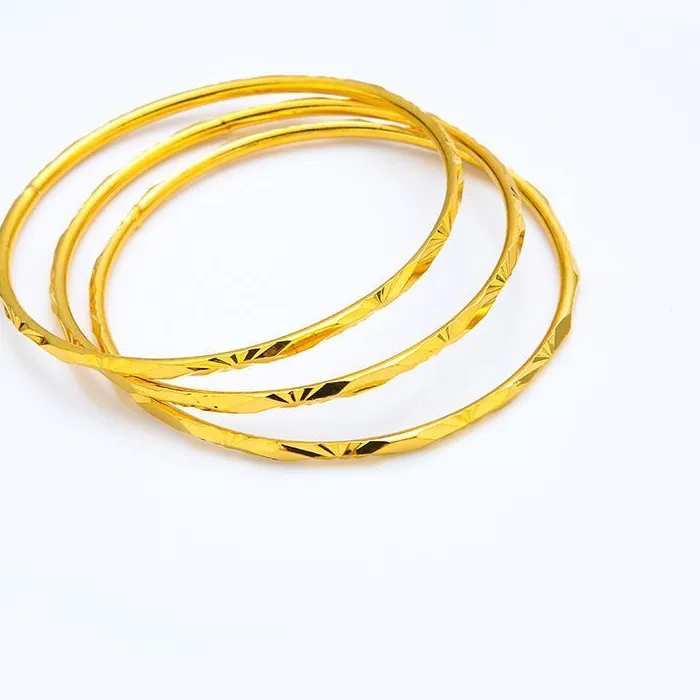 Authentic Jewelry-- Embroidery Rhombus Tiny 3mm Bangles and Bracelets 56/58/60/62/65mm For Women Wedding Jewelry Pure Gold Color