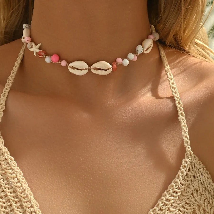 Authentic Sweet Bohemian Hand-Woven Wax Cord Natural Cowrie Shell Starfish Pink Bead Adjustable Necklace for Women Summer Beach Jewelry