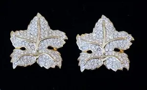 Authentic Sacred Golden Leaf Talismans: Vintage Swarovski Pave Clip-On Earrings