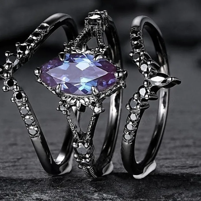 Authentic gun black retro three-piece ring, cross-border amethyst Darth Vader jewelry