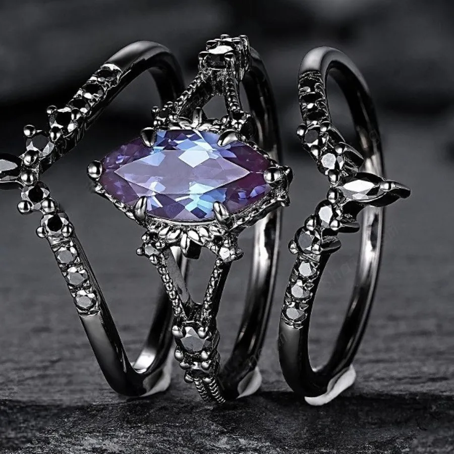 Authentic 3pcs Set Retro Luxury Geometry Gun Black Four Claw Inlay Oval Amethyst Darth Vader Rings for Women Personality Charm Jewelry Set
