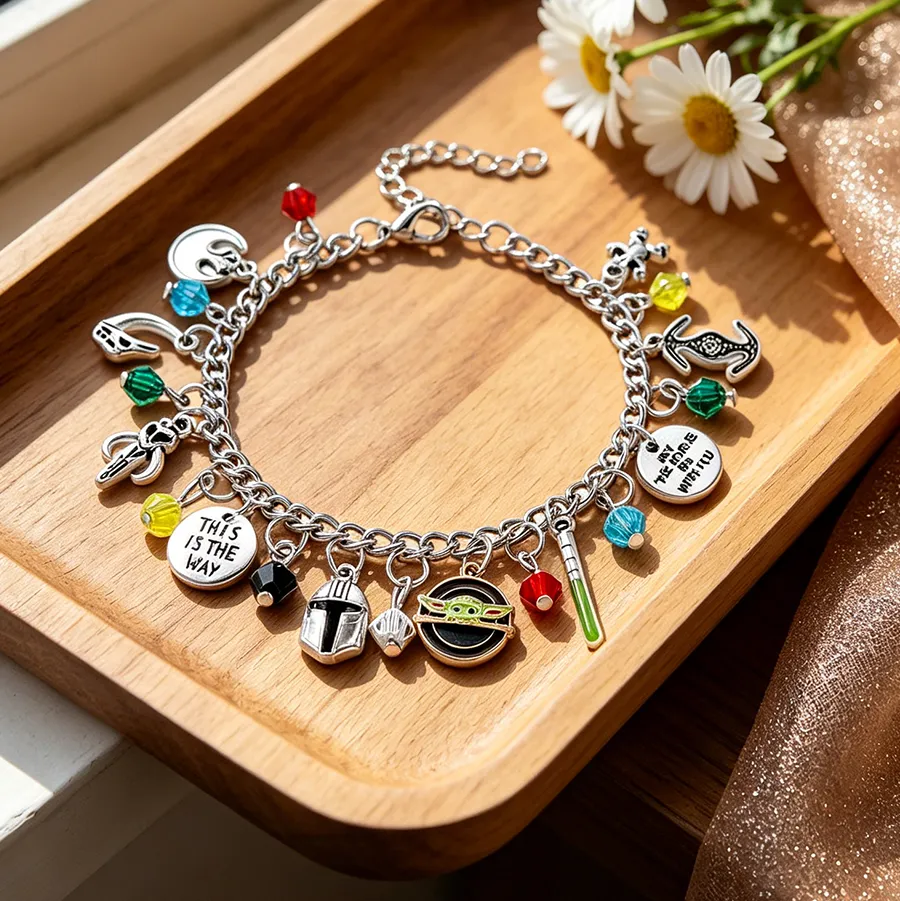 Authentic Star Wars Fan Jewelry the Mandalorian Inspired Charm Bracelet with Grogu Mythosaur Skull And Lightsaber Details Sci-Fi Accessory