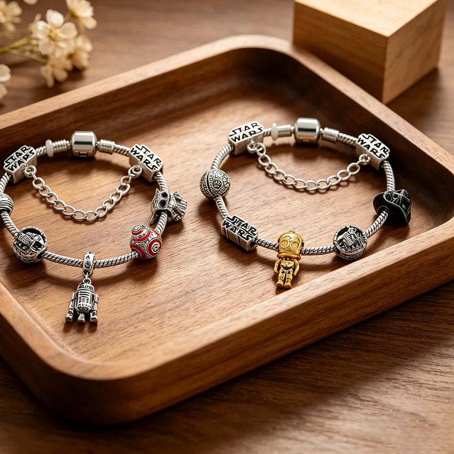 Authentic Star Wars Charm Bracelet Silver Plated with BB-8 R2D2 Death Star DIY Beads for Women Men Jewelry