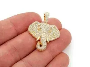 Authentic 2Ct Real Moissanite Wise Young Elephant Pendant 18" Chain 14K Yellow Gold Plated