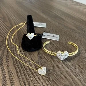 Authentic Alexis Bittar Solanales Gold Plated Pave Crystal Heart Ring Necklace BraceletNEW