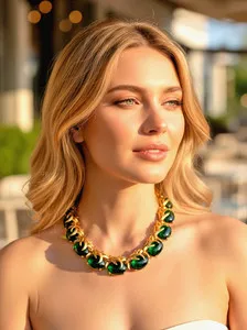 Authentic NWT 60''S CROWN TRIFARI GOLD PLATED OVAL EMERALD GLASS CABOCHON COLLAR NECKLACE
