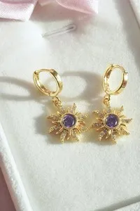 Authentic Princess Crown Sun Shape Earrings 14k Gold Plated Mother Enngagment Jewelry