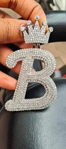 Authentic 2Ct Real Moissanite Men's Custom Letter B Crown Pendant 14K White Gold Plated