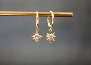 Authentic 0.20 Ct Lab Created Diamond Sun Starburst Dangle Earring 14K Yellow Gold Plated