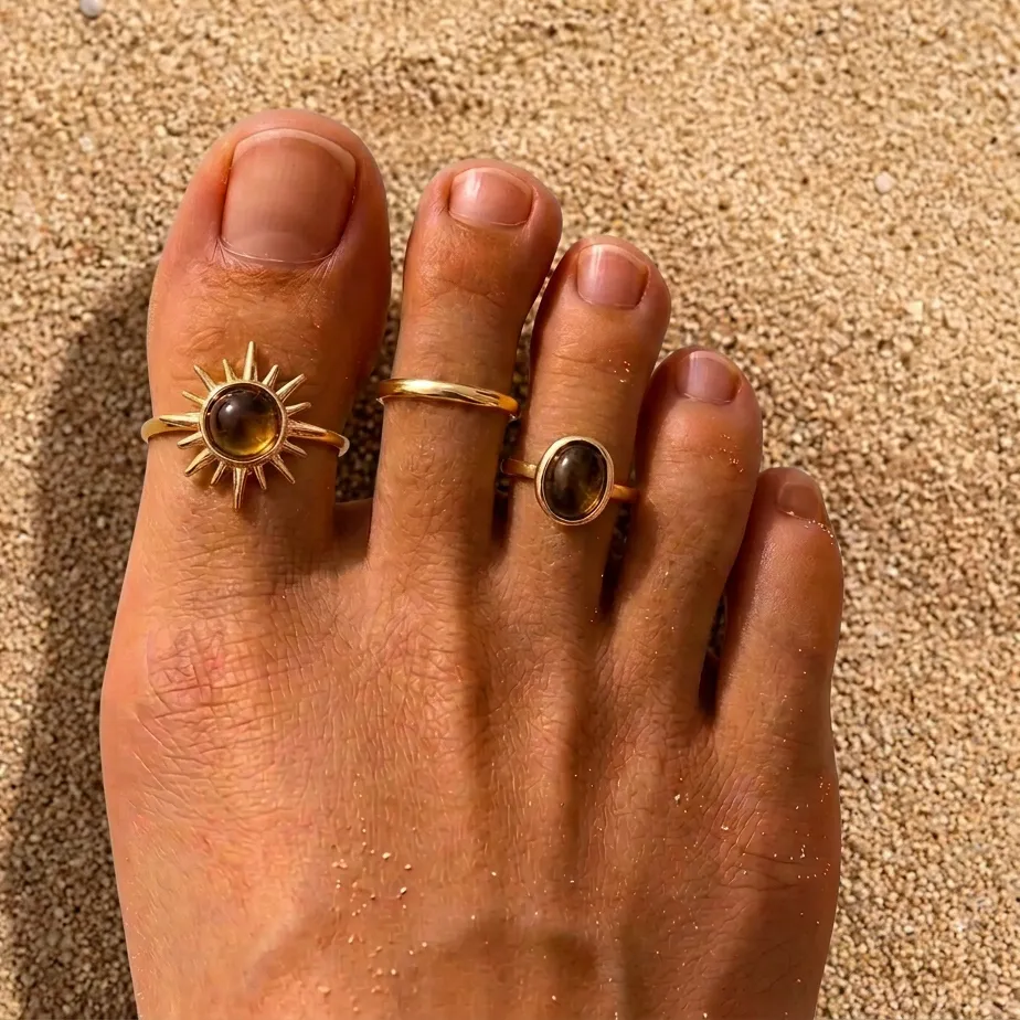 Authentic Boho Tiger Eye Stone Toe Rings Set Adjustable Open Sun Shape Toe Ring Women Summer Beach Barefoot Foot Jewelry
