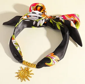 Authentic Black Floral Scarf Necklace 18K Gold Plated Sun Pendant Adjustable Statement