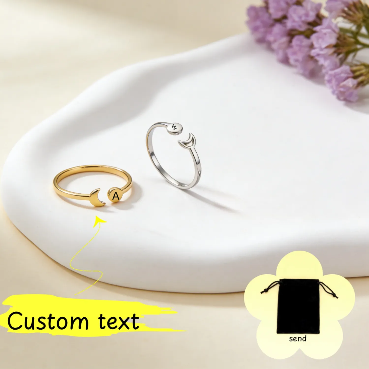 Authentic Customized Name A-Z Initial Retro Moon Phase Ring Personalized Simple Crescent Sun Ring Couple Jewelry