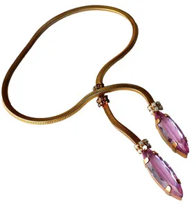 Authentic WOMENs VTG NECKLACE MINIMALIST, GOLD PLATED SQUARE SNAKE CHAIN, LAVENDER CRYSTAL