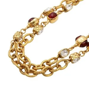 Authentic CHANEL Red Crystal Chain Necklace Gold Plated