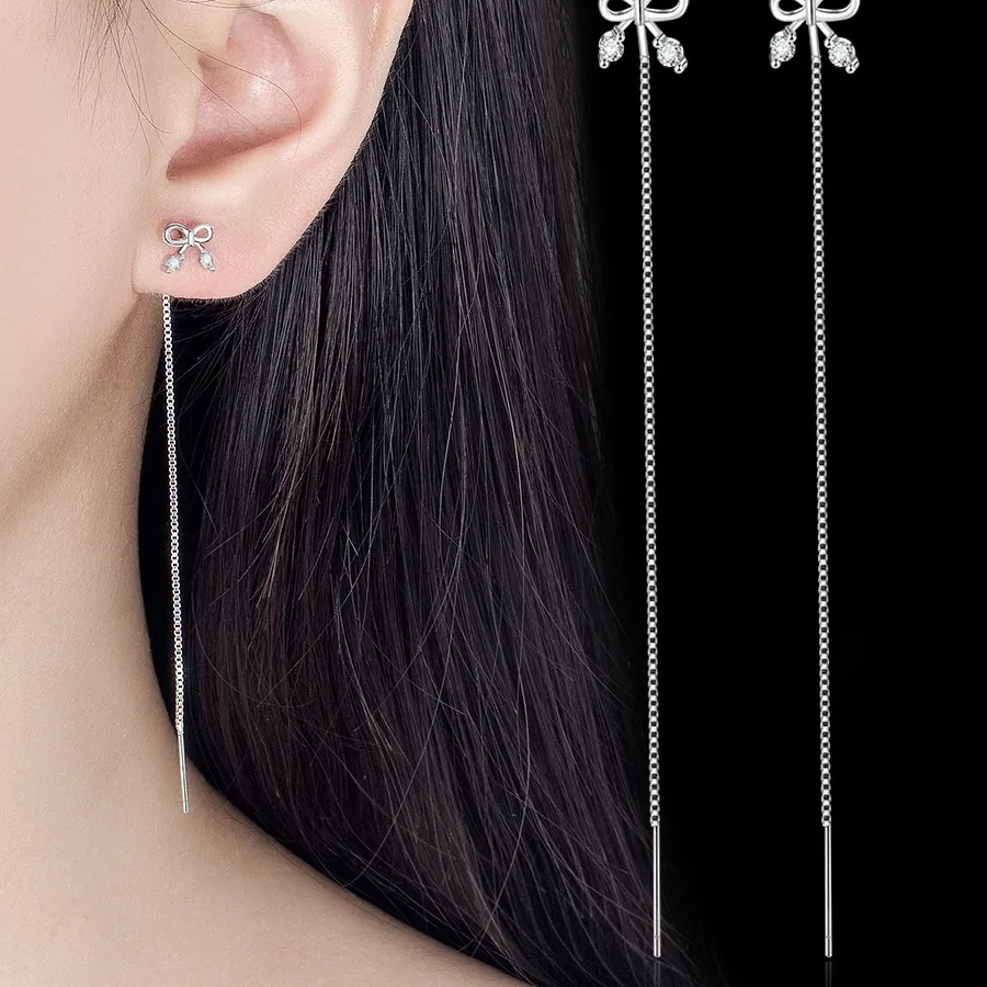 Authentic Sweet 925 Sterling Silver Bowknot Cubic Zircon Long Box Chain Thread Earrings Jewelry