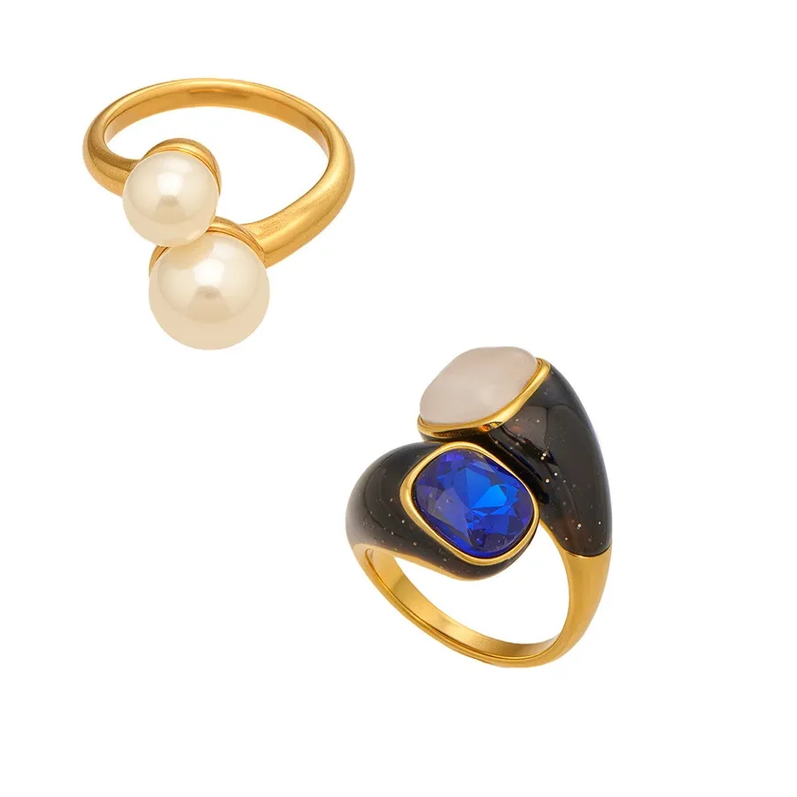 Authentic 316L Gold Plated Dual Pearl Bypass Ring Waterproof Hypoallergenic Dainty Jewelry for Women